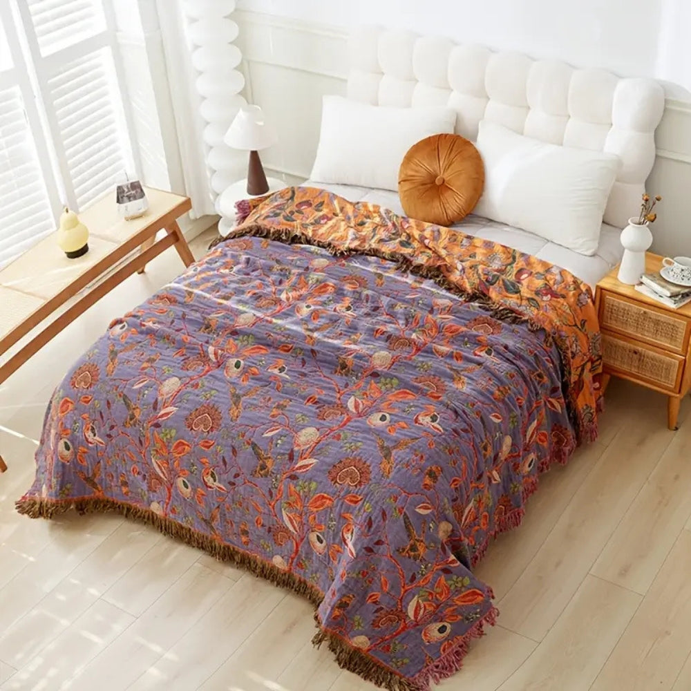 Throw Blanket 100% Cotton Reversible Floral Jacquard Tassels