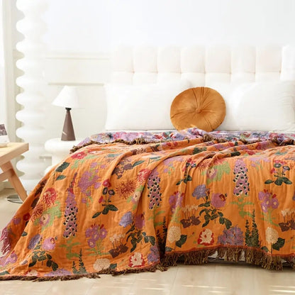 Throw Blanket 100% Cotton Reversible Floral Jacquard Tassels