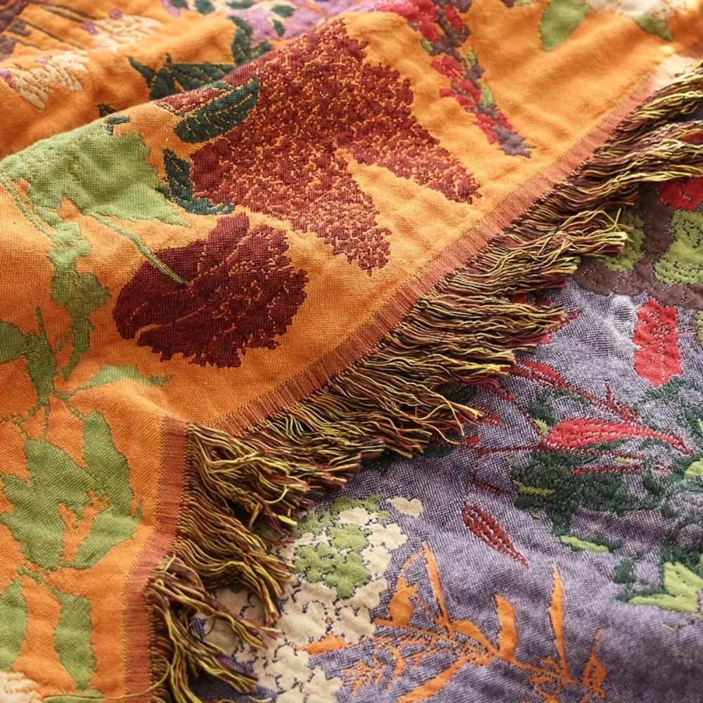 Throw Blanket 100% Cotton Reversible Floral Jacquard Tassels