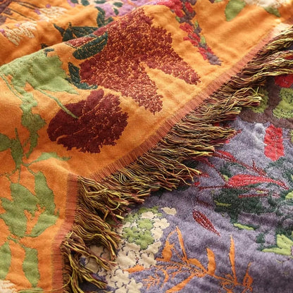 Throw Blanket 100% Cotton Reversible Floral Jacquard Tassels
