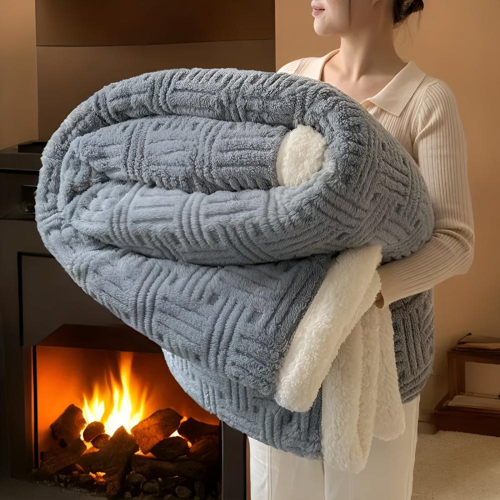 Throw Blanket Basket-Weave Silky Outer & Plush Lining
