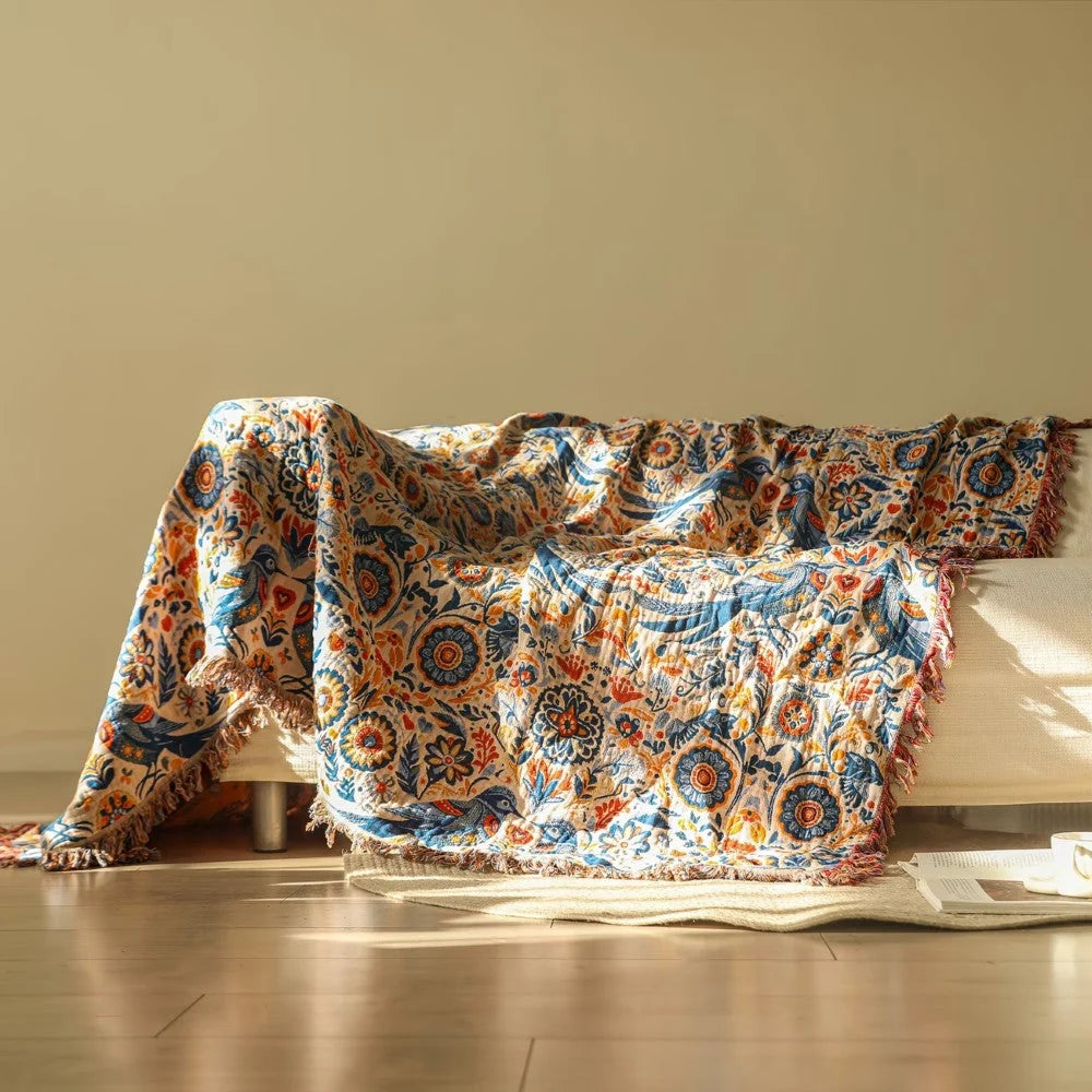 Throw Blanket Bird Floral 100% Cotton Double Gauze