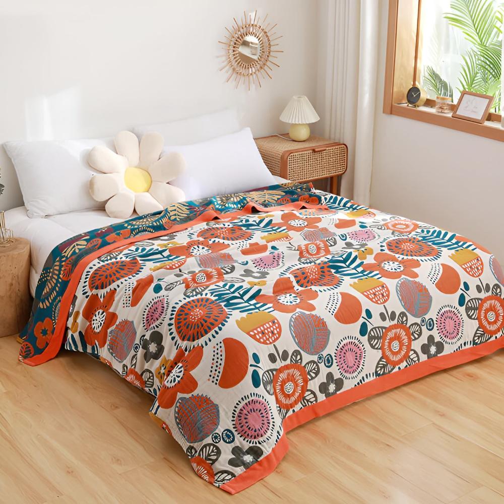 Throw Blanket Boho Flower Print Organic Cotton Lightweight
