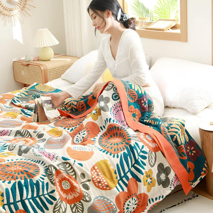 Throw Blanket Boho Flower Print Organic Cotton Lightweight