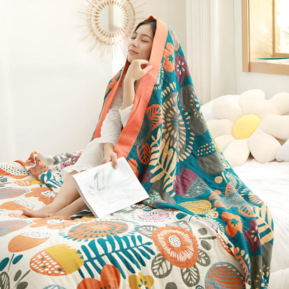 Throw Blanket Boho Flower Print Organic Cotton Lightweight