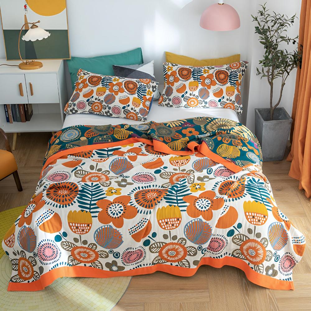Throw Blanket Boho Flower Print Organic Cotton Lightweight