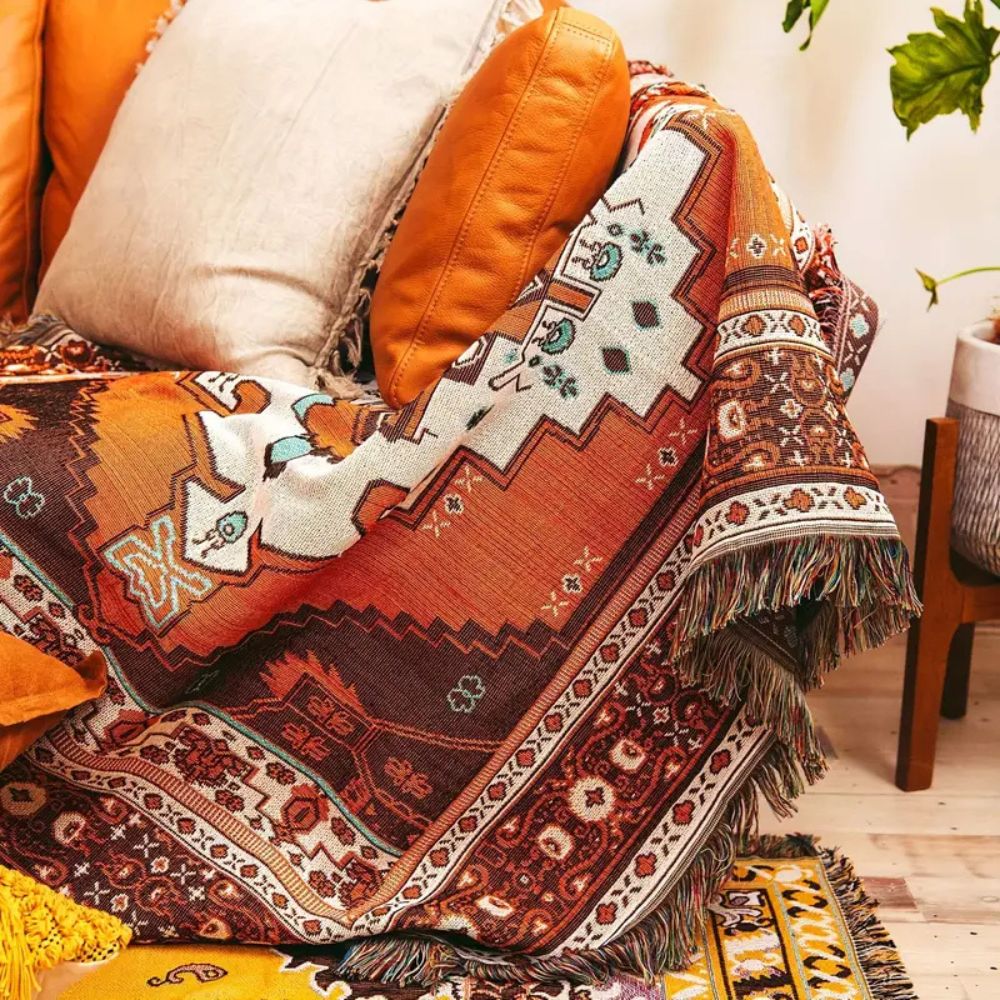 Throw Blanket Boho Woven Cotton-Microfiber Blend