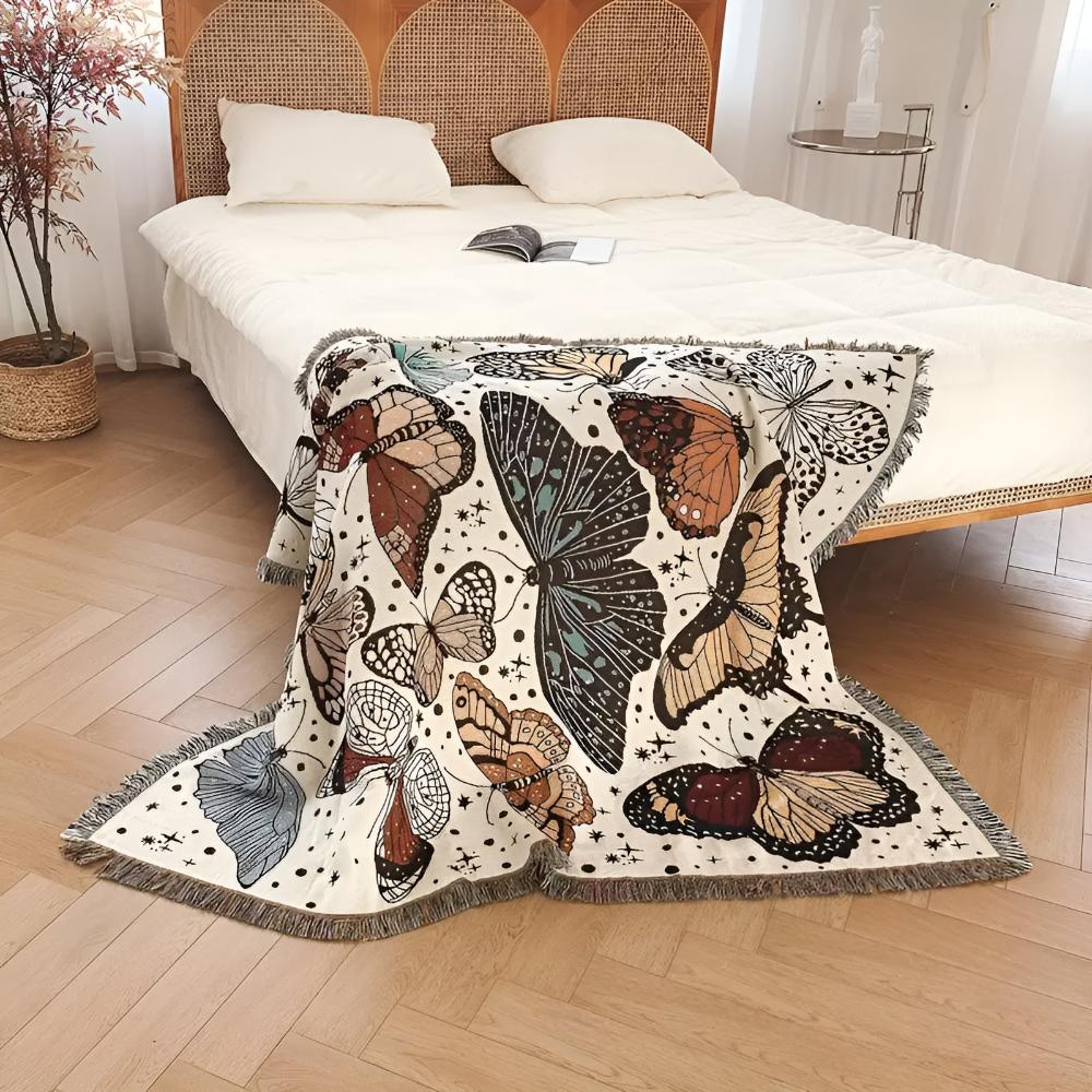 Throw Blanket Butterfly Pattern Plush Microfiber Fringed Edges