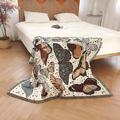Throw Blanket Butterfly Pattern Plush Microfiber Fringed Edges
