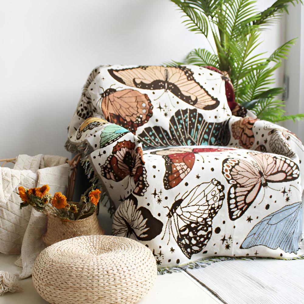 Throw Blanket Butterfly Pattern Plush Microfiber Fringed Edges