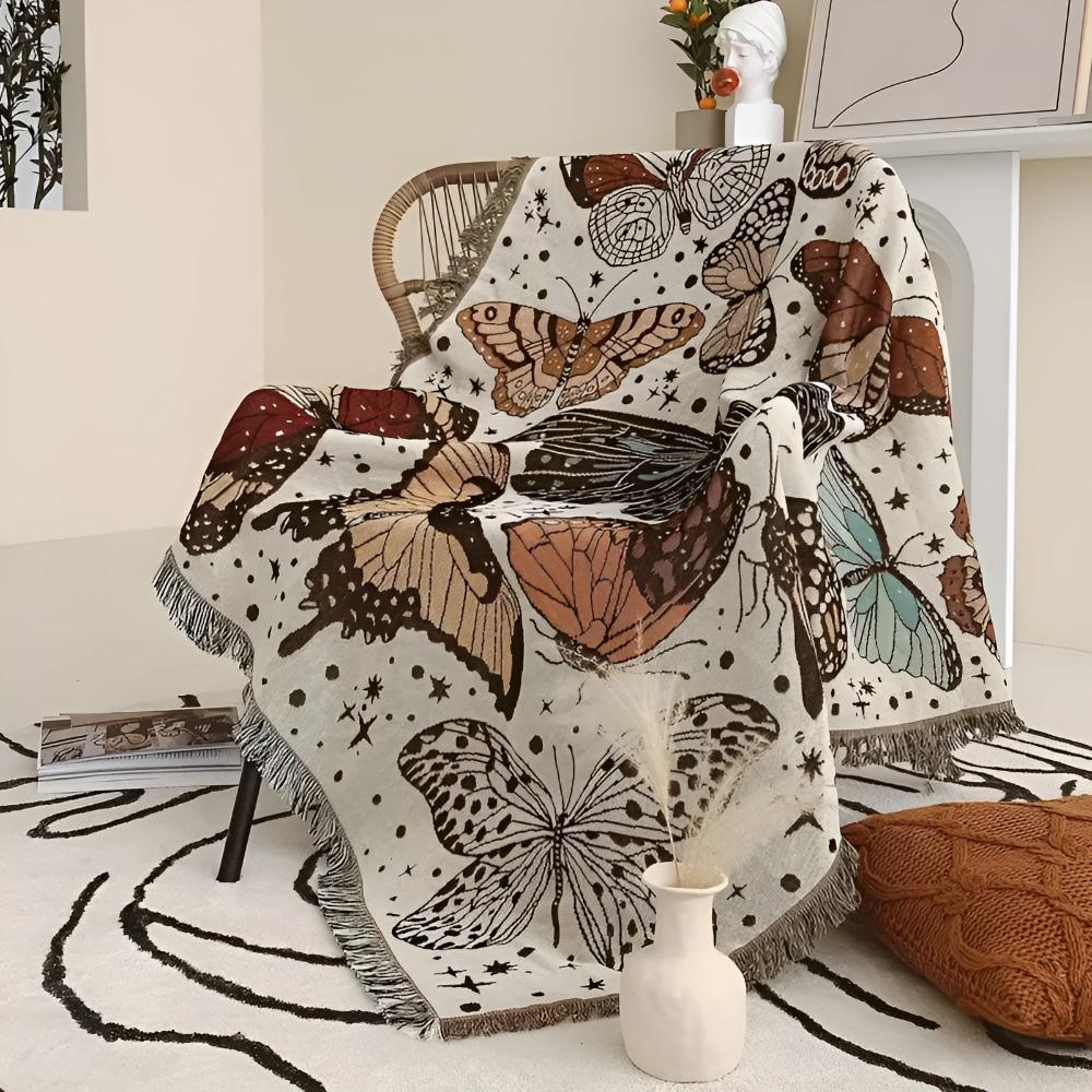 Throw Blanket Butterfly Pattern Plush Microfiber Fringed Edges