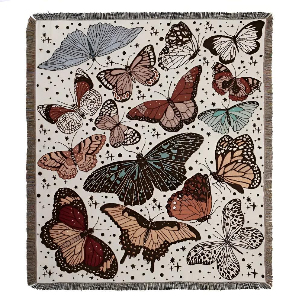 Throw Blanket Butterfly Pattern Plush Microfiber Fringed Edges
