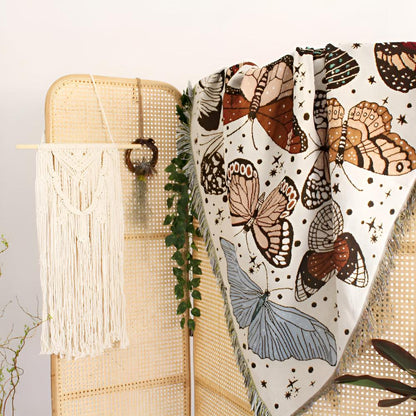 Throw Blanket Butterfly Pattern Plush Microfiber Fringed Edges