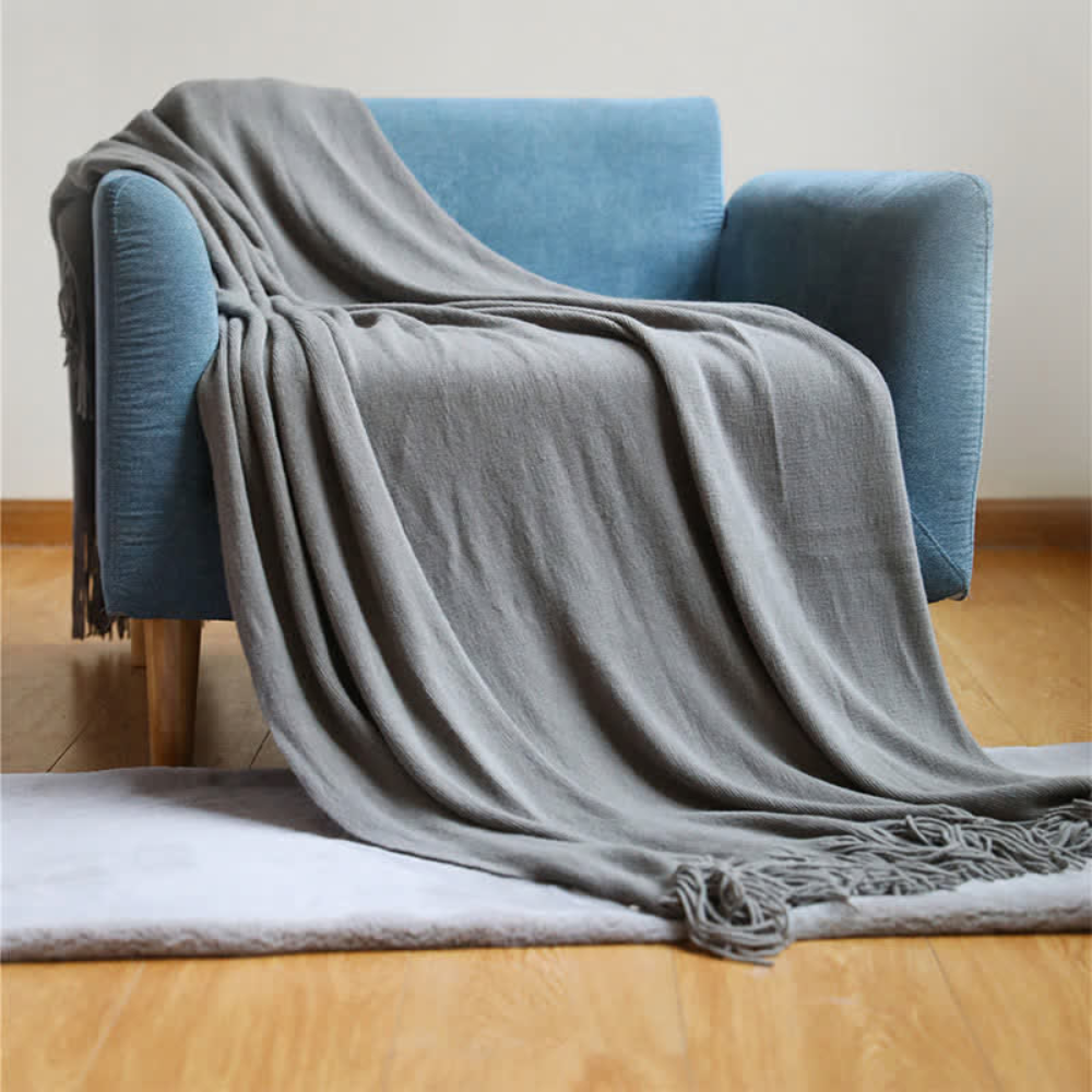 Throw Blanket Chunky Knit Acrylic Tassel Edges Machine Washable
