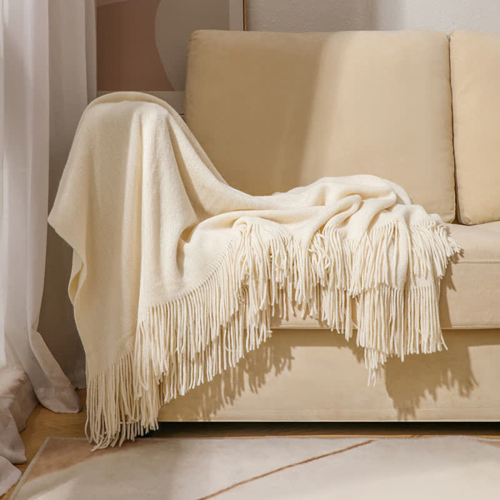 Throw Blanket Chunky Knit Acrylic Tassel Edges Machine Washable