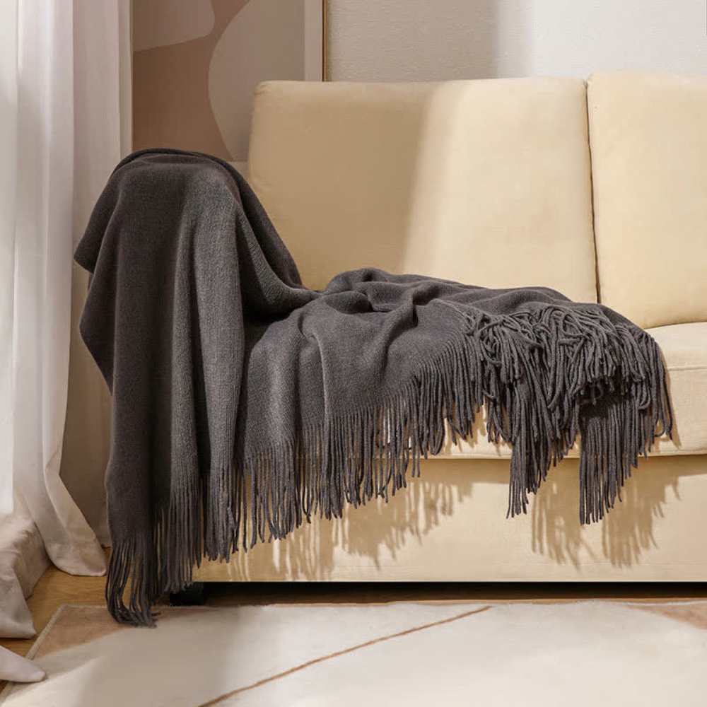 Throw Blanket Chunky Knit Acrylic Tassel Edges Machine Washable