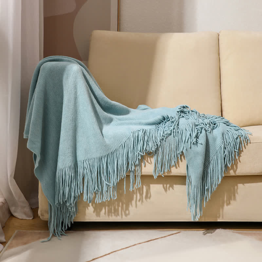 Throw Blanket Chunky Knit Acrylic Tassel Edges Machine Washable