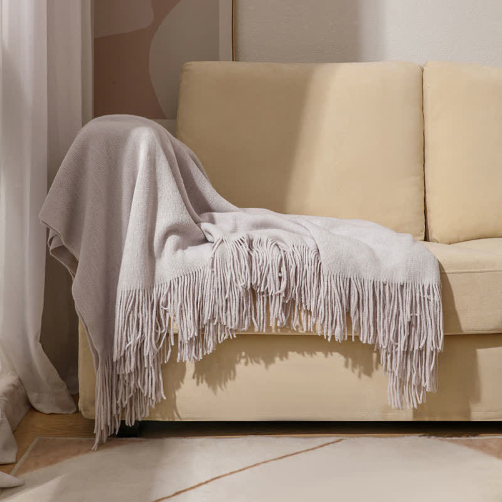 Throw Blanket Chunky Knit Acrylic Tassel Edges Machine Washable