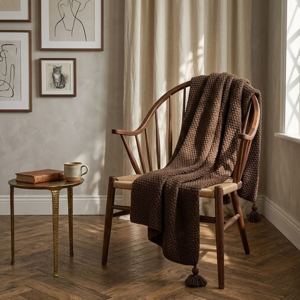 Throw Blanket Chunky Knit with Fringe Edges Cozy Textured Design