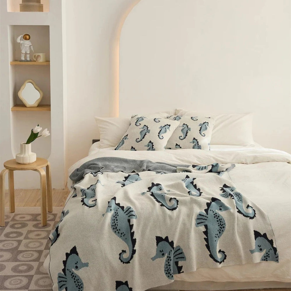 Throw Blanket Coastal Seahorse Jacquard Lightweight Cotton Machine Washable