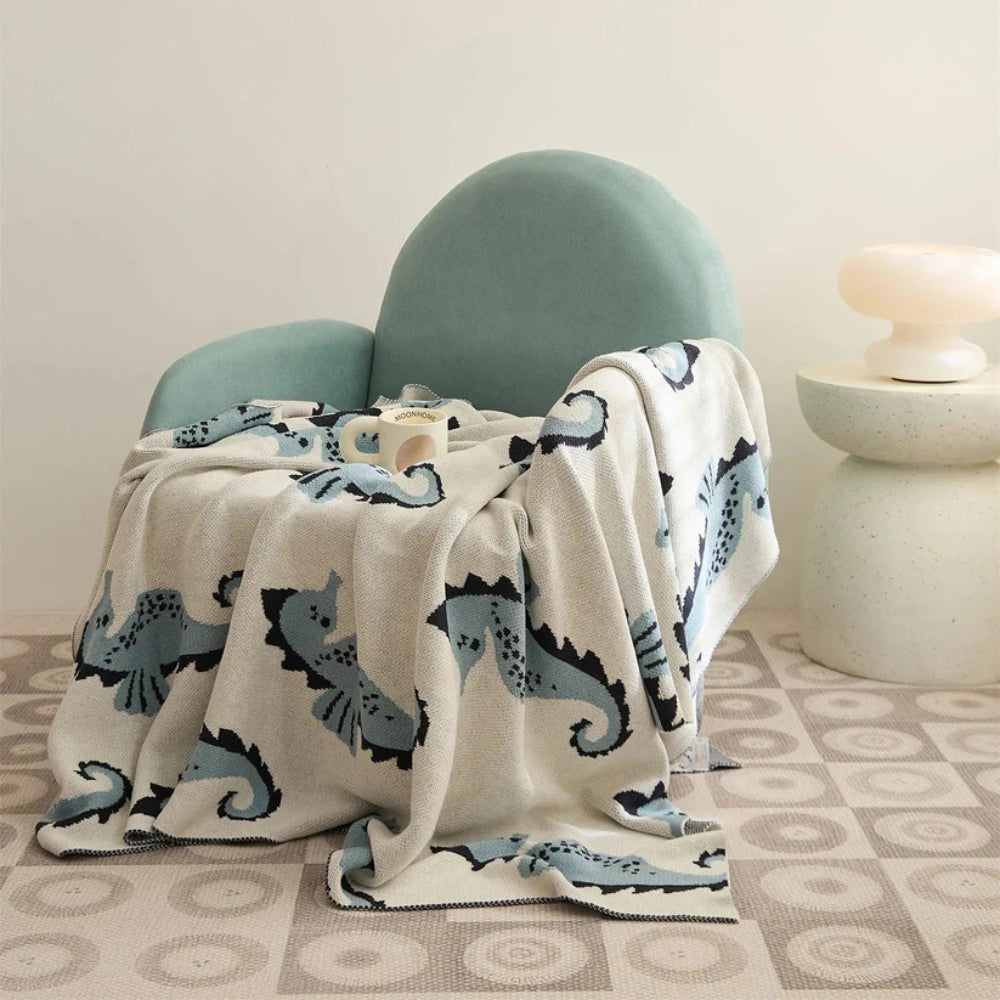 Throw Blanket Coastal Seahorse Jacquard Lightweight Cotton Machine Washable