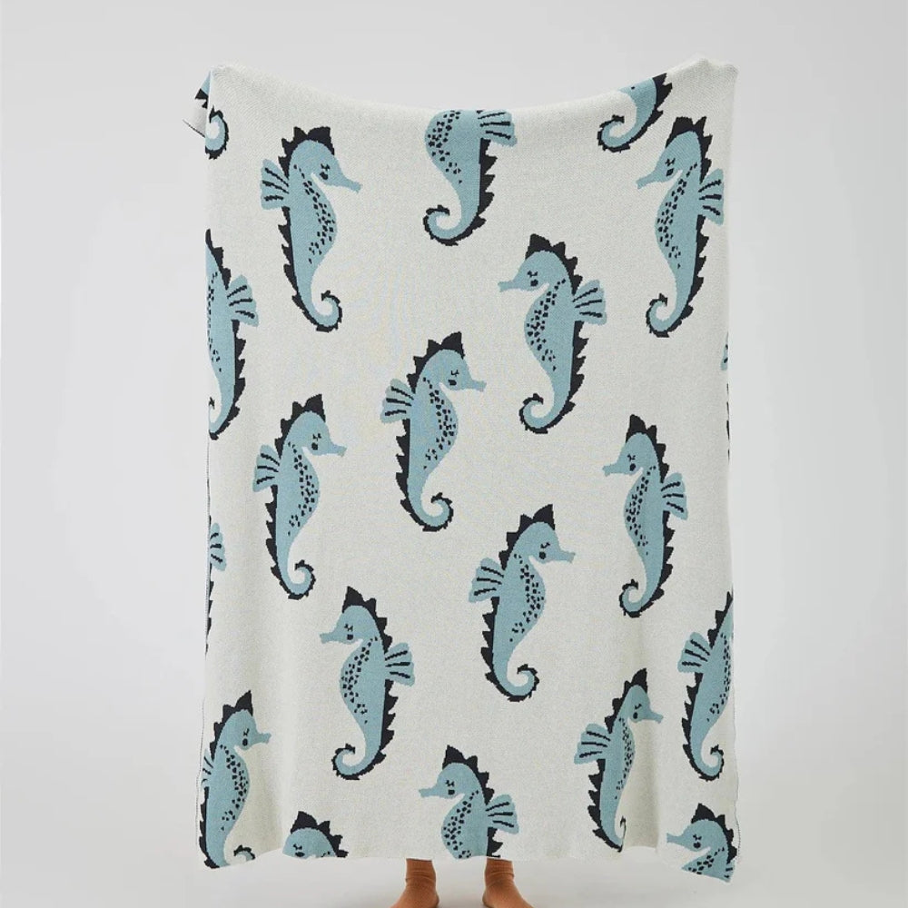 Throw Blanket Coastal Seahorse Jacquard Lightweight Cotton Machine Washable
