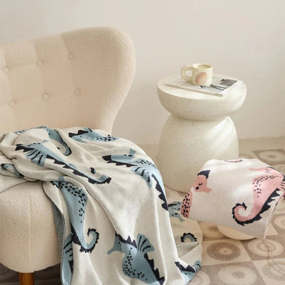 Throw Blanket Coastal Seahorse Jacquard Lightweight Cotton Machine Washable