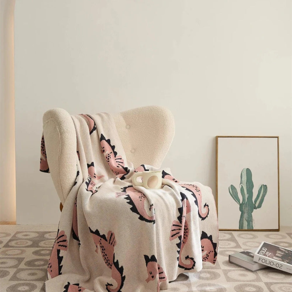 Throw Blanket Coastal Seahorse Jacquard Lightweight Cotton Machine Washable