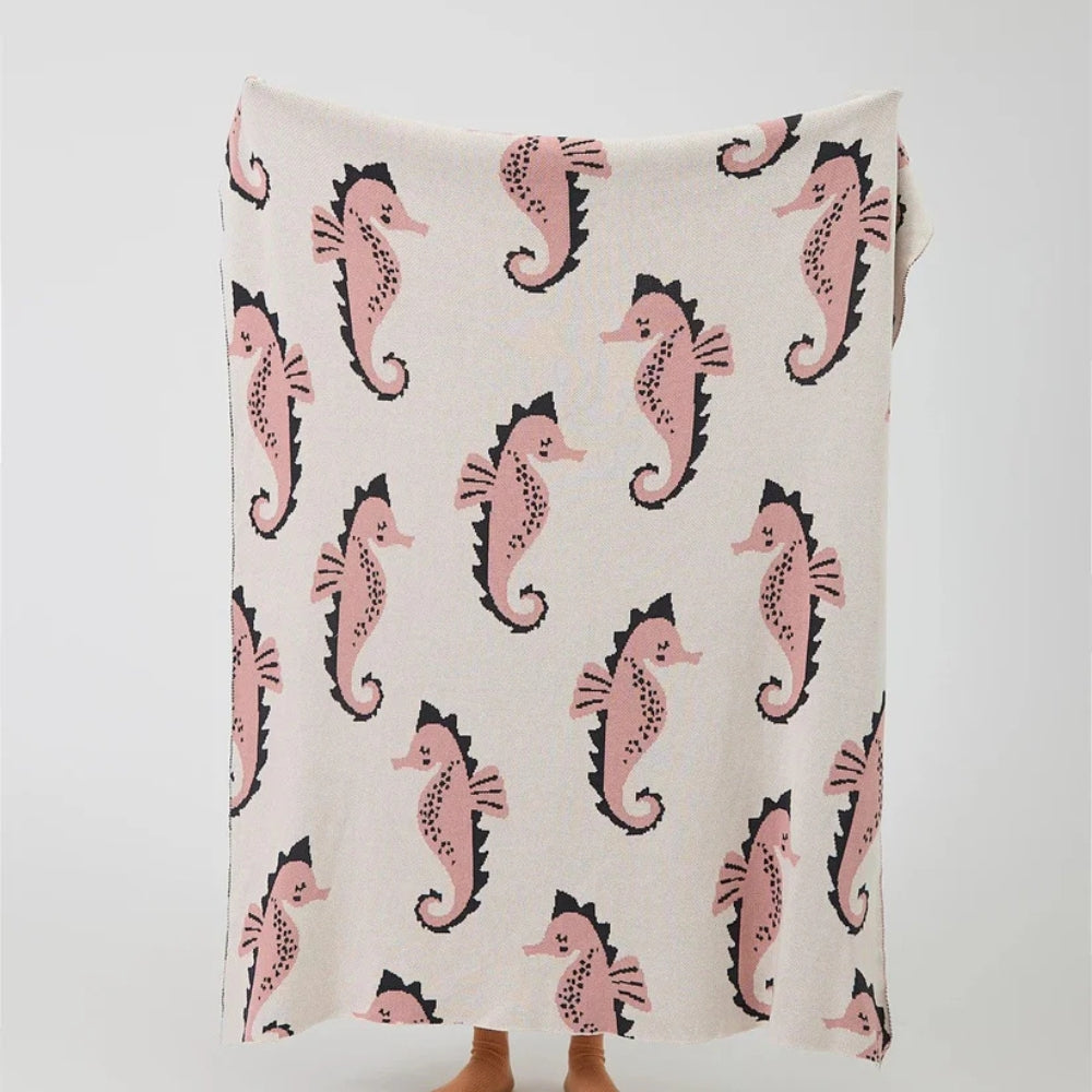Throw Blanket Coastal Seahorse Jacquard Lightweight Cotton Machine Washable