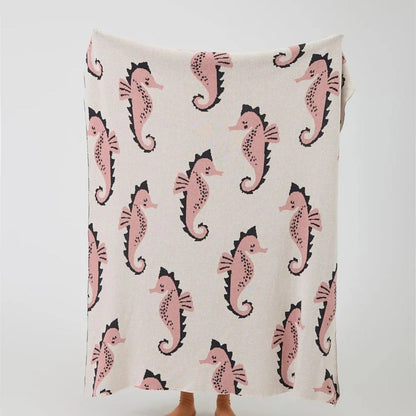 Throw Blanket Coastal Seahorse Jacquard Lightweight Cotton Machine Washable