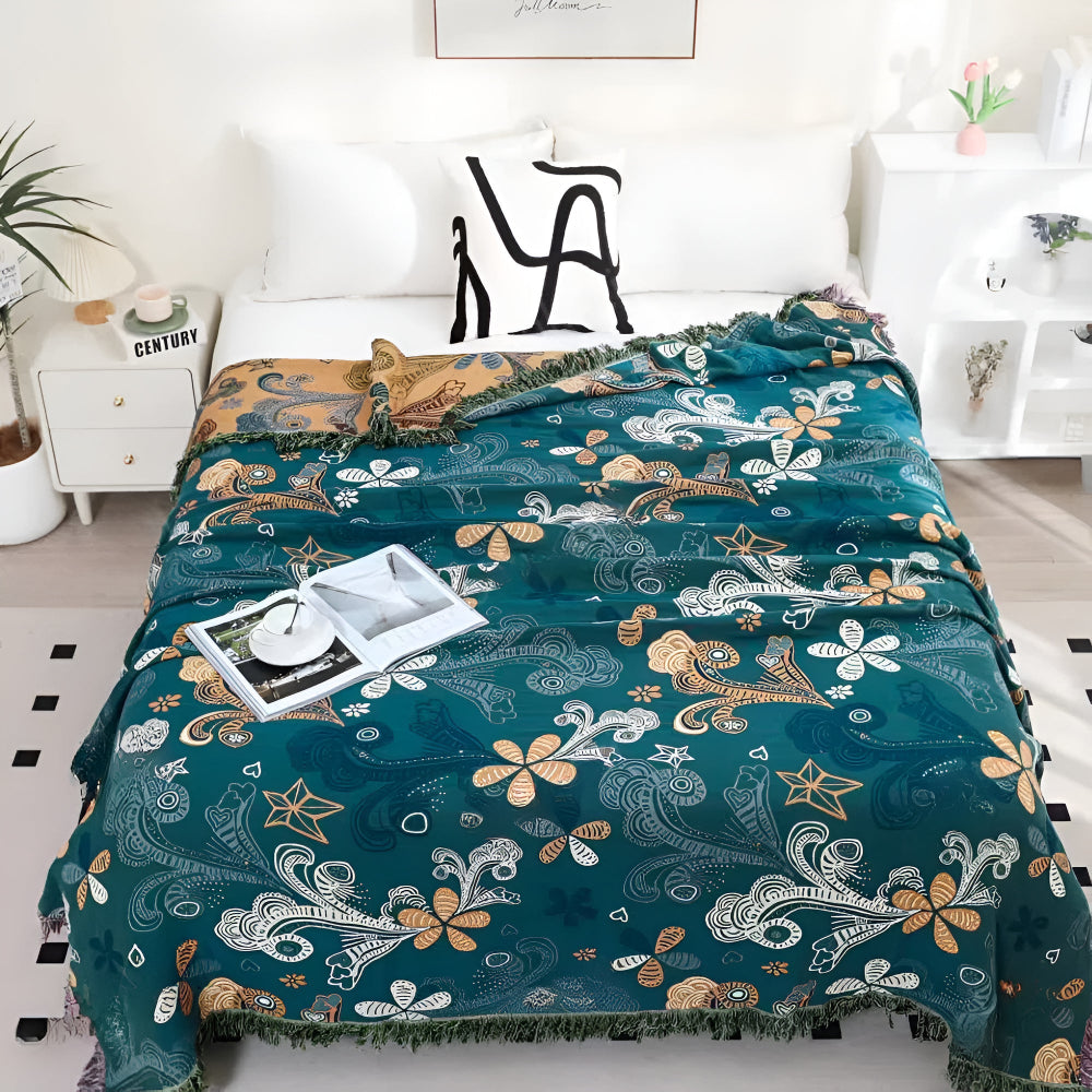 Throw Blanket Cotton Blend Floral & Paisley Fringe