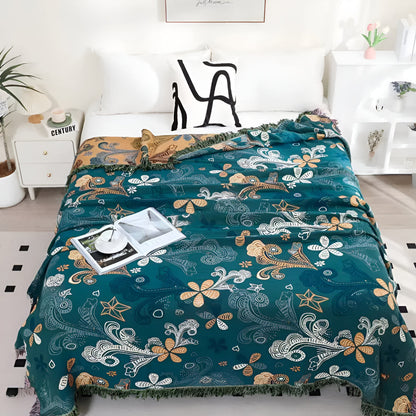 Throw Blanket Cotton Blend Floral & Paisley Fringe
