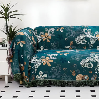 Throw Blanket Cotton Blend Floral & Paisley Fringe