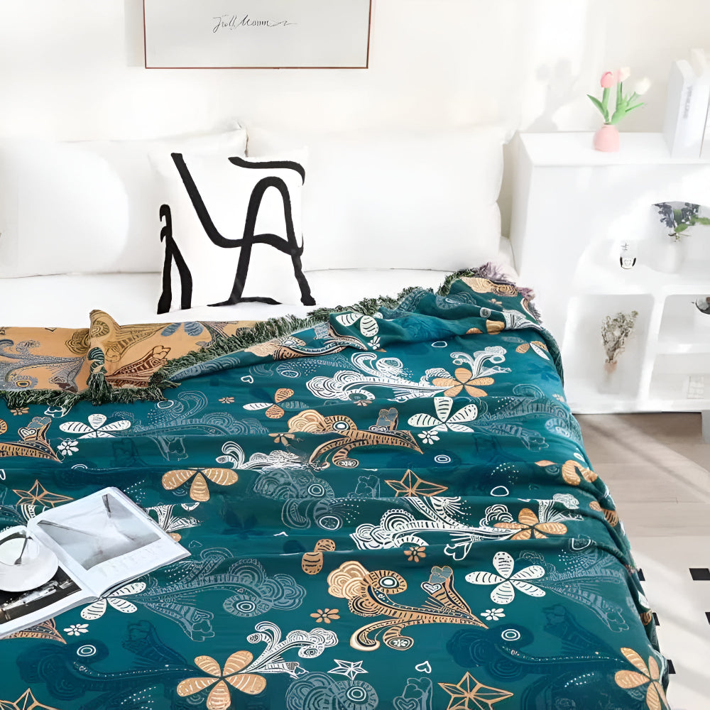 Throw Blanket Cotton Blend Floral & Paisley Fringe