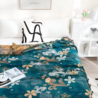 Throw Blanket Cotton Blend Floral & Paisley Fringe