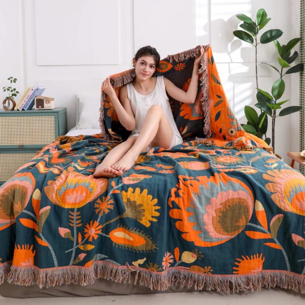 Throw Blanket Cotton Boho Floral Lightweight & Breathable