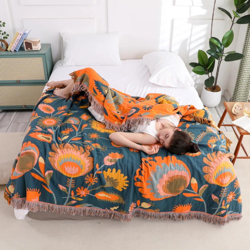 Throw Blanket Cotton Boho Floral Lightweight & Breathable