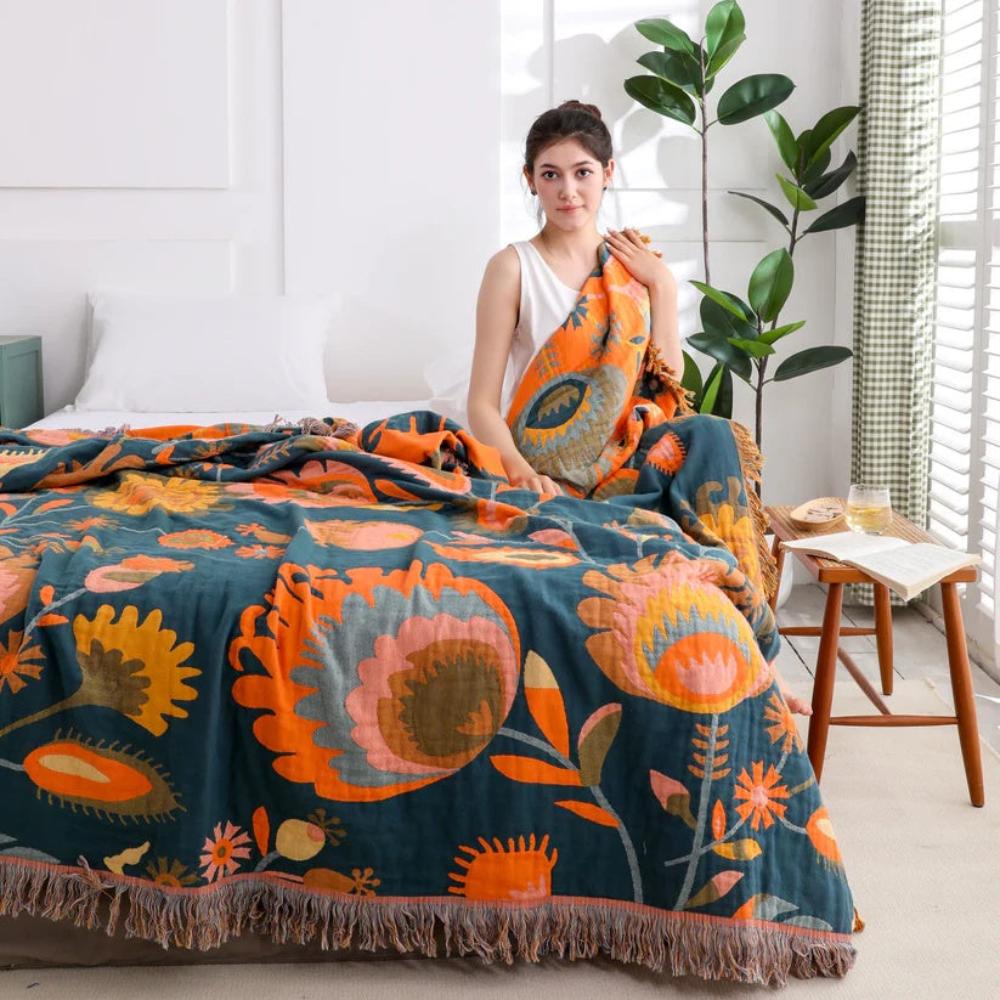 Throw Blanket Cotton Boho Floral Lightweight & Breathable