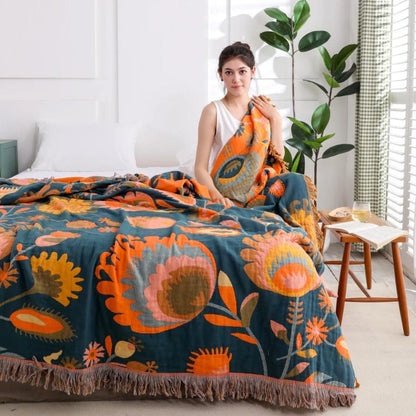 Throw Blanket Cotton Boho Floral Lightweight & Breathable