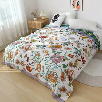 Throw Blanket Cotton Botanical Print Lightweight & Breathable
