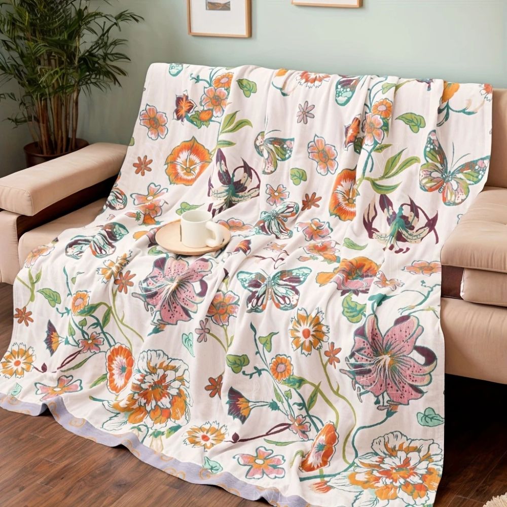 Throw Blanket Cotton Botanical Print Lightweight & Breathable