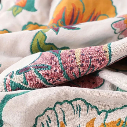 Throw Blanket Cotton Botanical Print Lightweight & Breathable