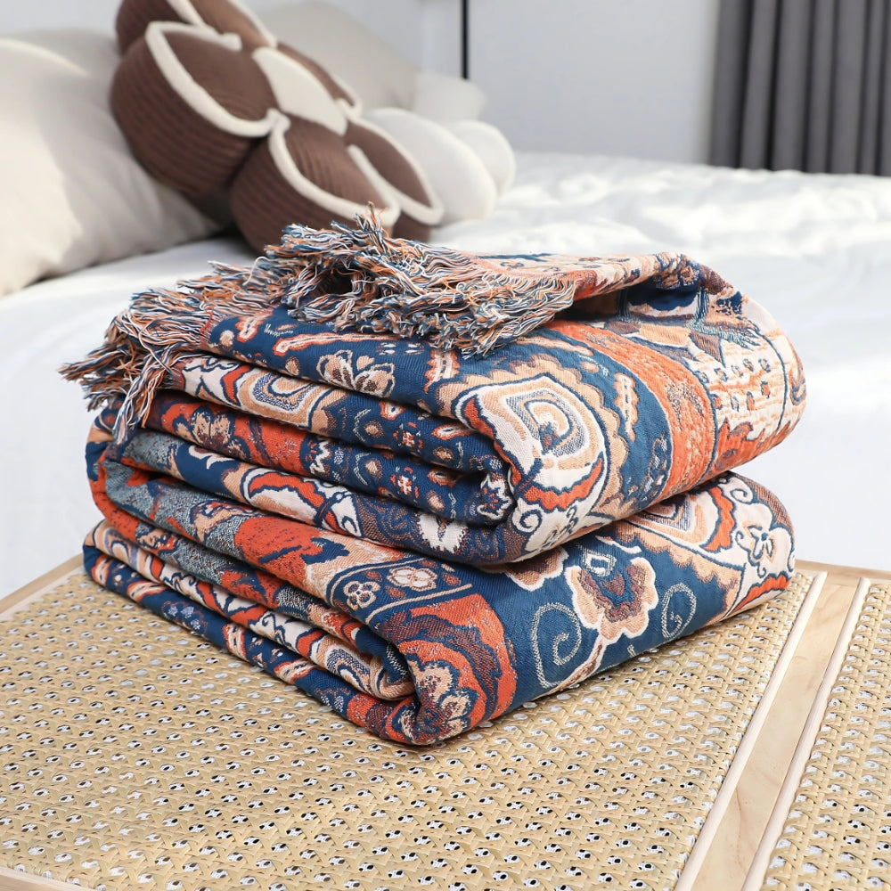 Throw Blanket Cotton Floral Jacquard Machine Washable