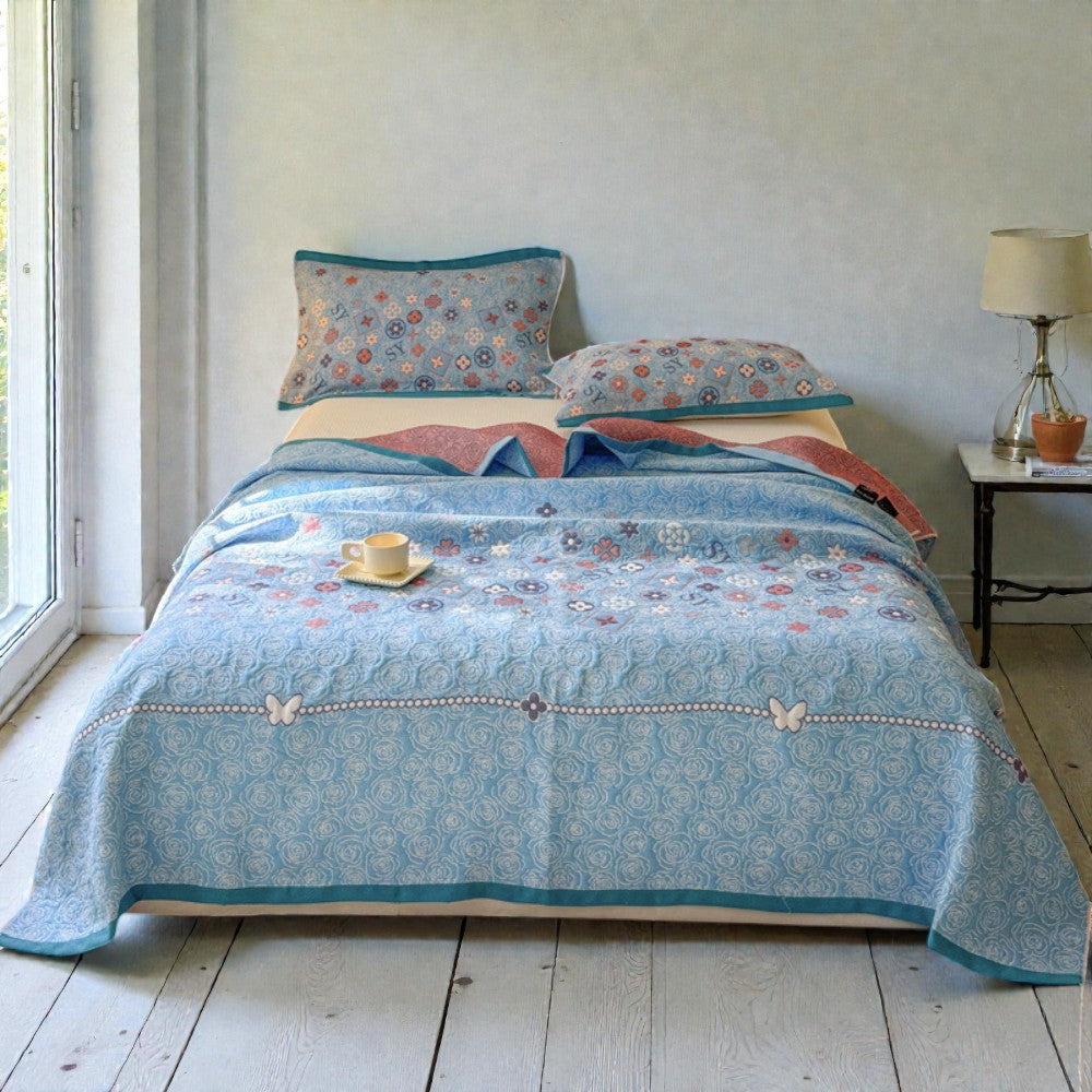 Throw Blanket Cotton Gauze Floral Jacquard Lightweight & Breathable
