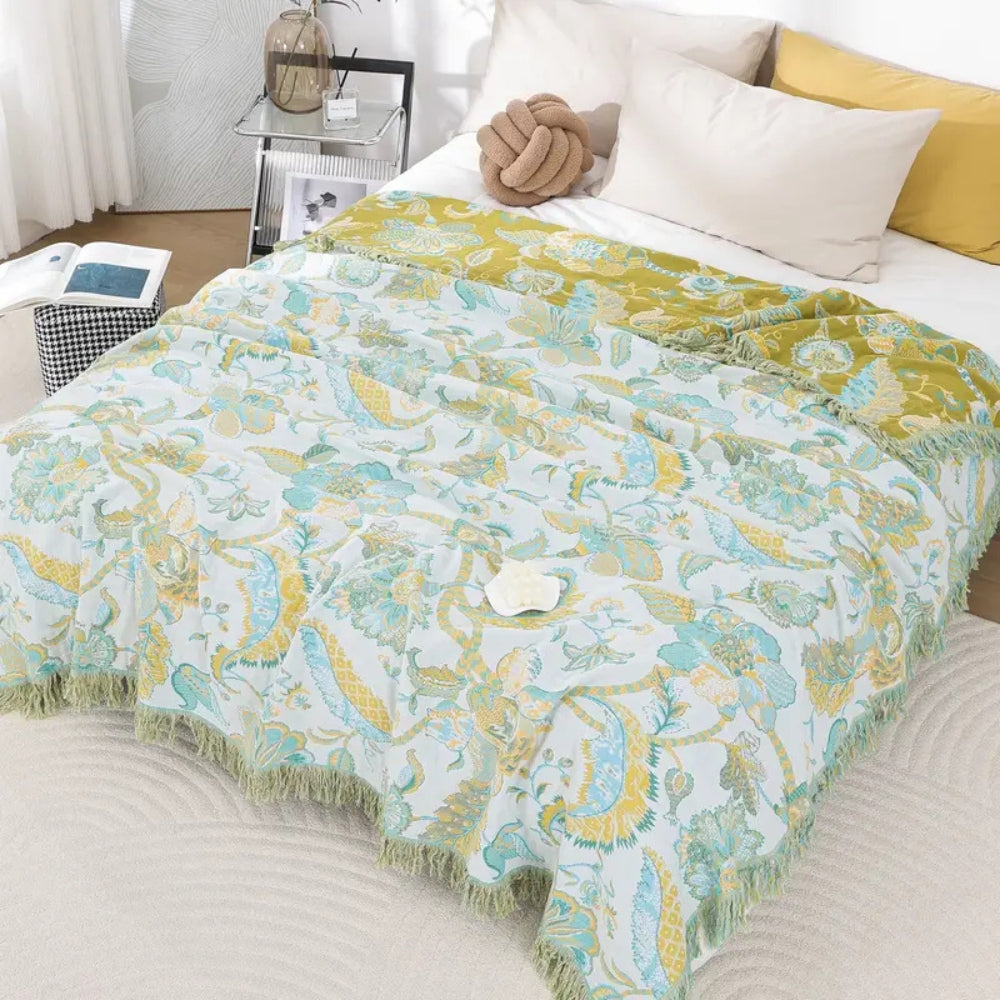 Throw Blanket Cotton Jacquard Paisley Tassel Trim