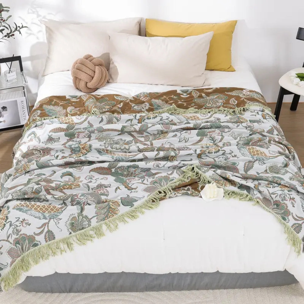Throw Blanket Cotton Jacquard Paisley Tassel Trim