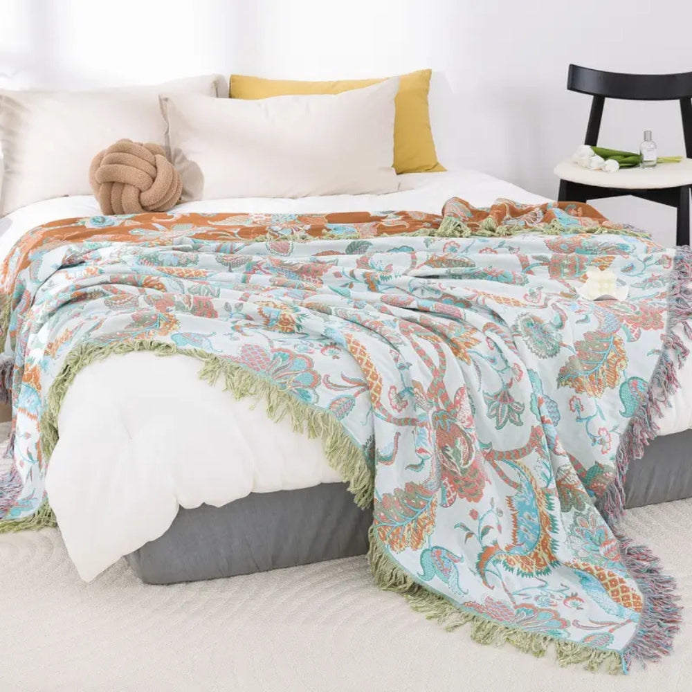 Throw Blanket Cotton Jacquard Paisley Tassel Trim