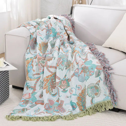 Throw Blanket Cotton Jacquard Paisley Tassel Trim