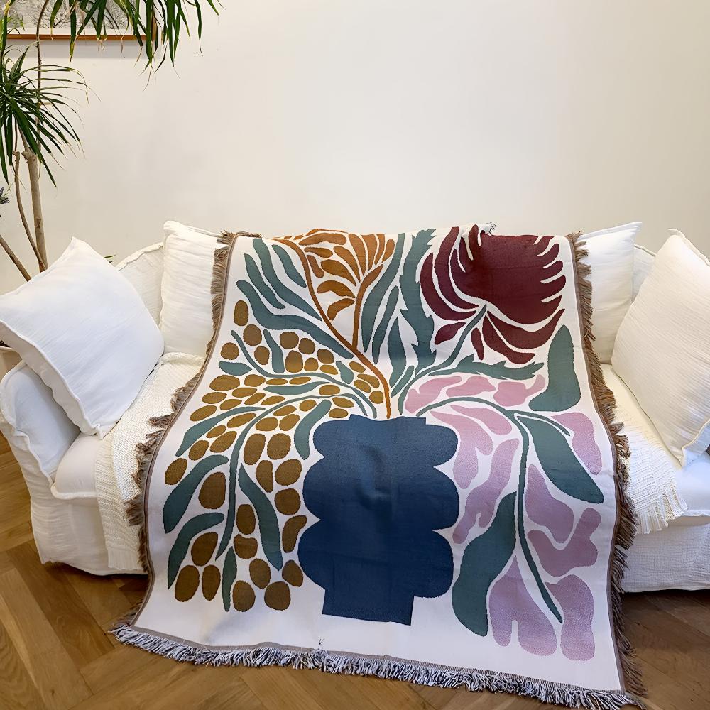 Throw Blanket Cotton-Polyester Blend Woven Fringed 51 x 63