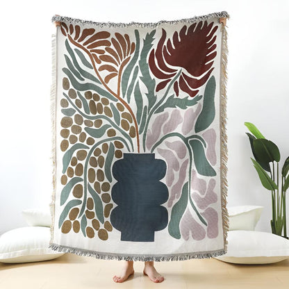 Throw Blanket Cotton-Polyester Blend Woven Fringed 51 x 63
